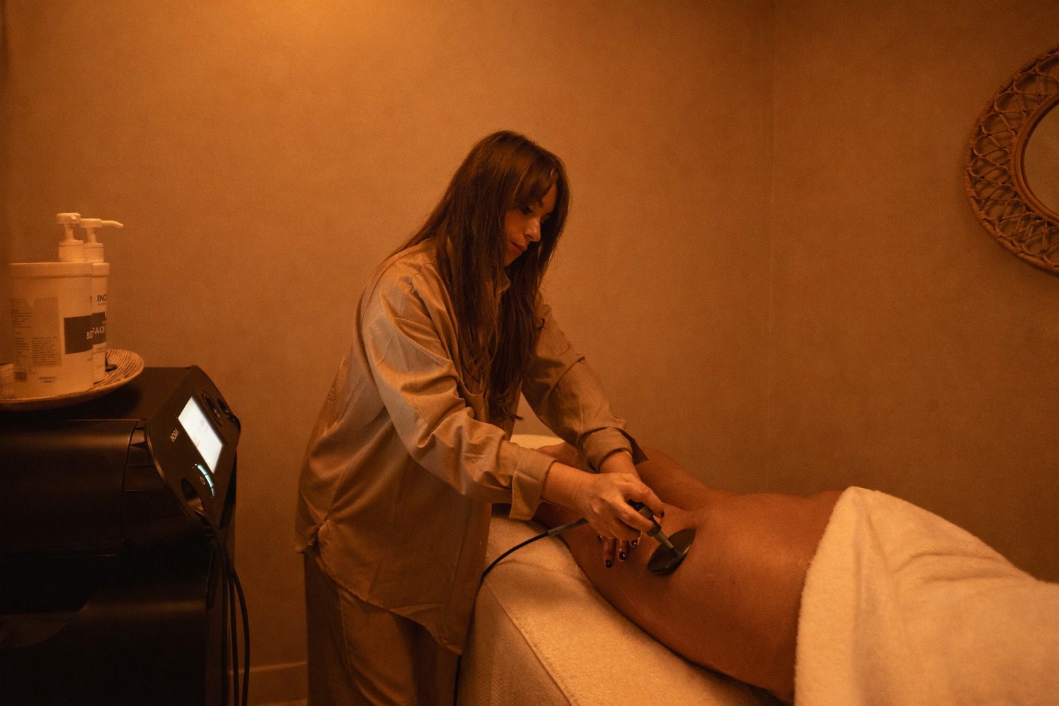 Aplicando radiofrecuencia INDIBA en piernas